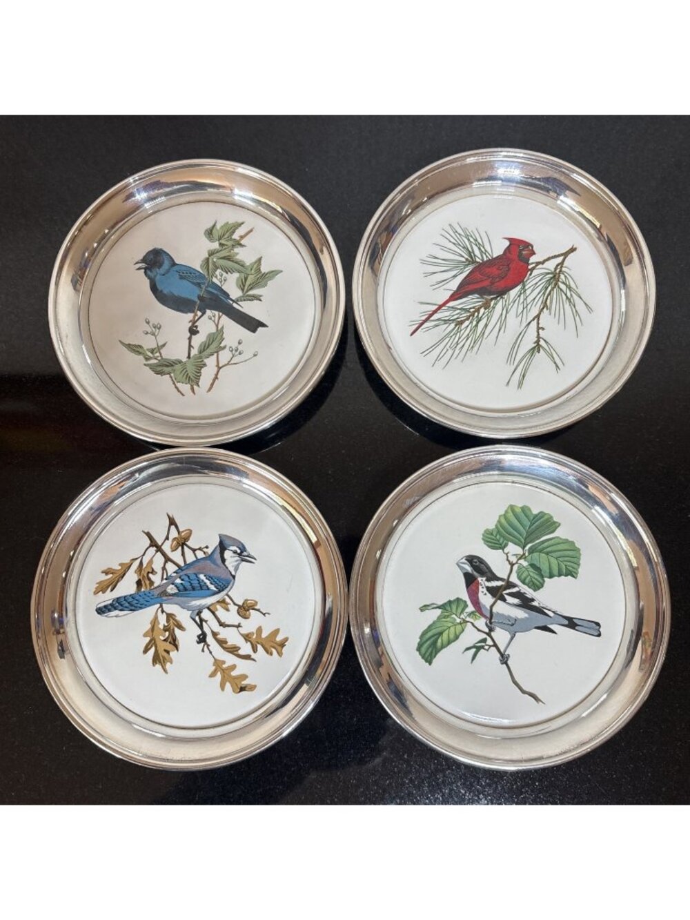 Vtg Sheridan Silverplate Song Bird Coasters Set of 4 Ceramic Tile Cardinal Jay